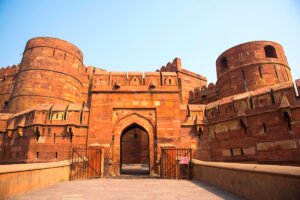 Entrance gateway of Agra Fort with massive red sandstone walls