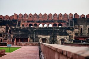Agra Fort weathered red sandstone walls and battlements