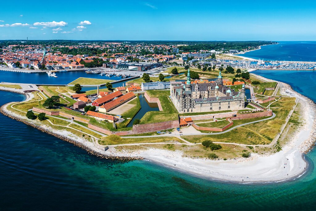 Aerial view of Kronborg Castle on a coastal promontory