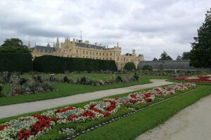 Lednice Castle with formal flowerbeds and paths
