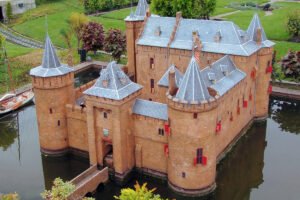 Aerial view of Muiderslot Castle model surrounded by moat