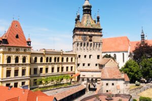 Sighișoara Citadel stone tower and tiled roofscape