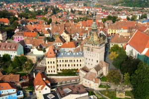 Aerial view of Sighișoara Citadel and colorful rooftops