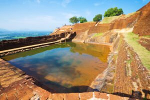 Ancient Sigiriya water pool and terraced rock platform