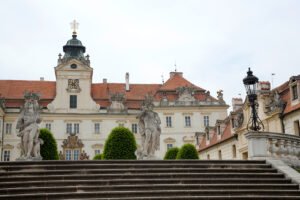 Front steps, statues and Valtice Castle façade
